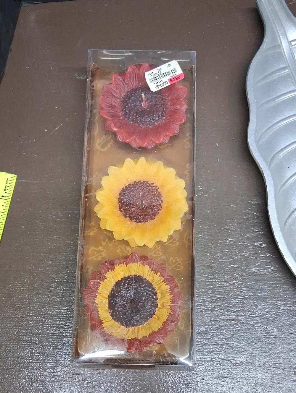 Fall leaf candle arrangement in silver tray & floating sunflower candles